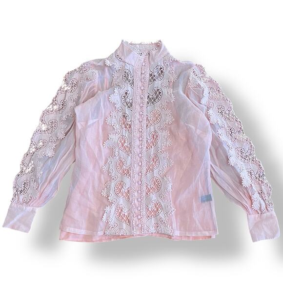 Boston Proper Pink Cutout Lace Button Up Drama‎ Sleeve Shirt Size Small - Picture 1 of 9